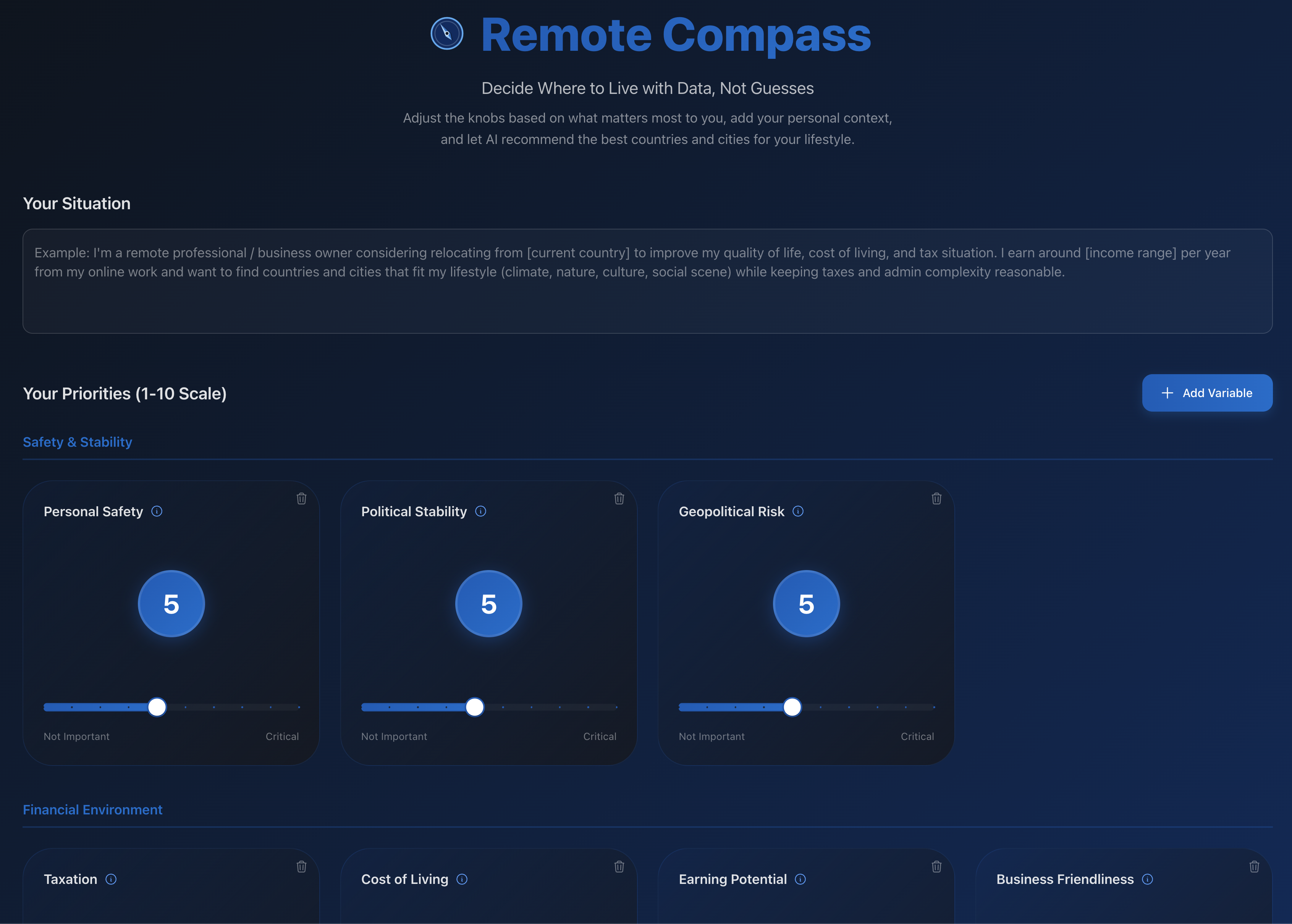 Remote Compass interface showing priority knobs for different quality-of-life factors
